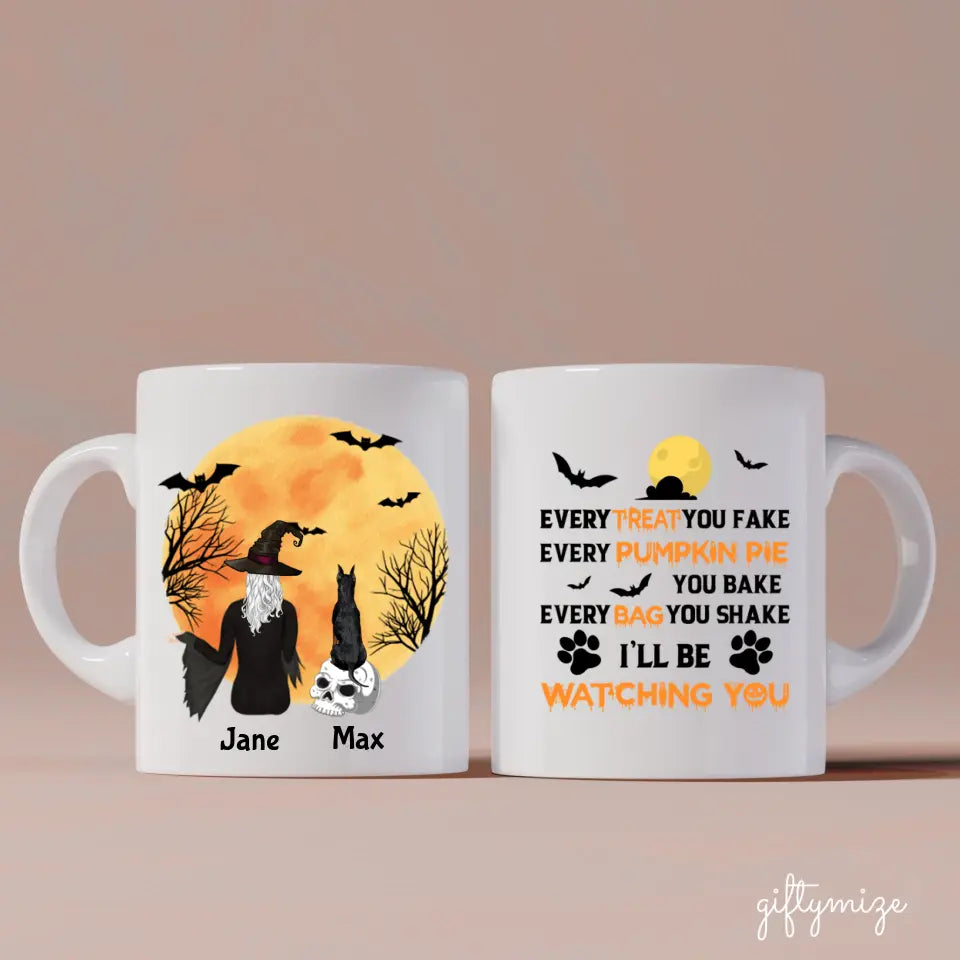 Witch Girl and Dog Personalized Mug - Name, skin, hair, dog, quote, background can be customized