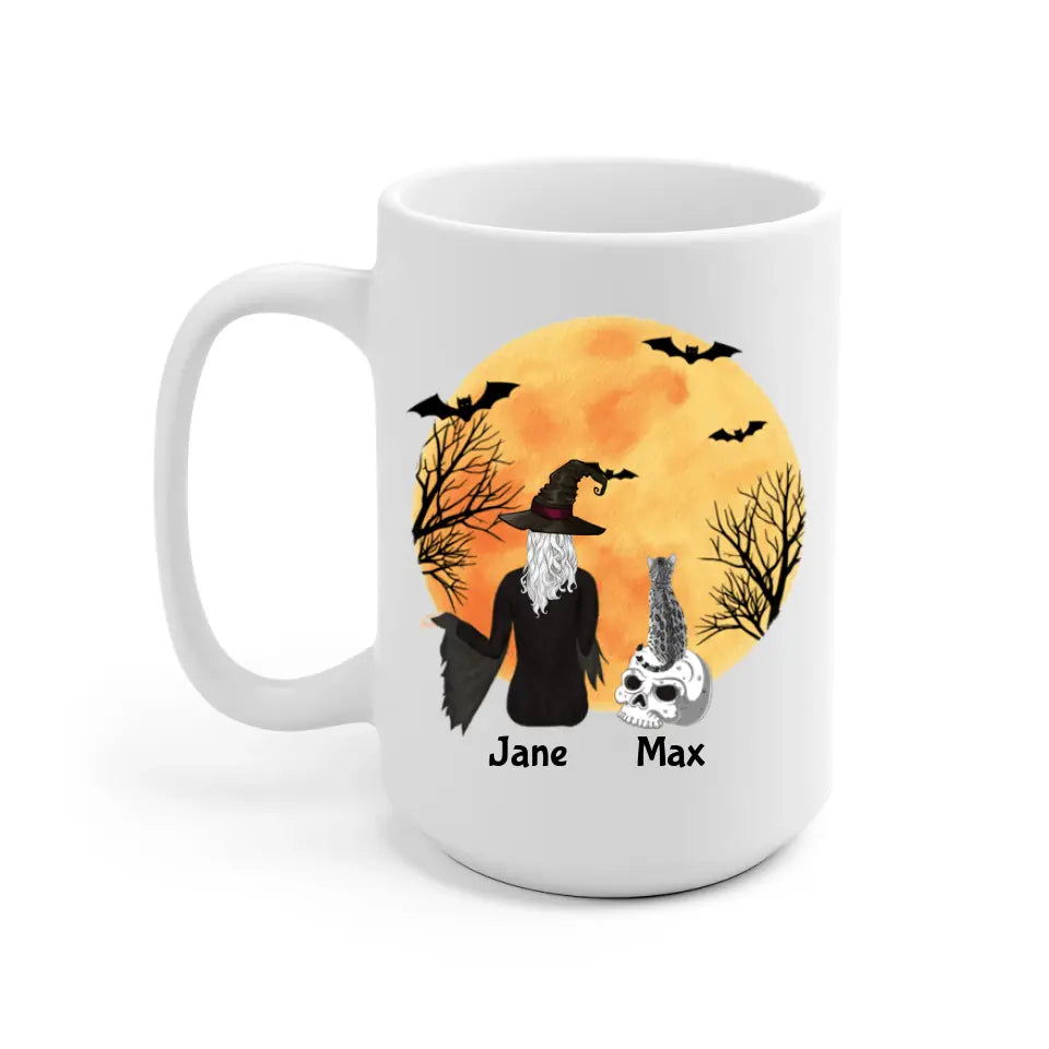 Witch Girl and Cat Personalized Mug - Name, skin, hair, cat, quote, background can be customized