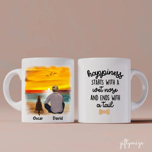 Man and Dogs On The Beach Personalized Mug - Name, skin, hair, dog, quote, background can be customized