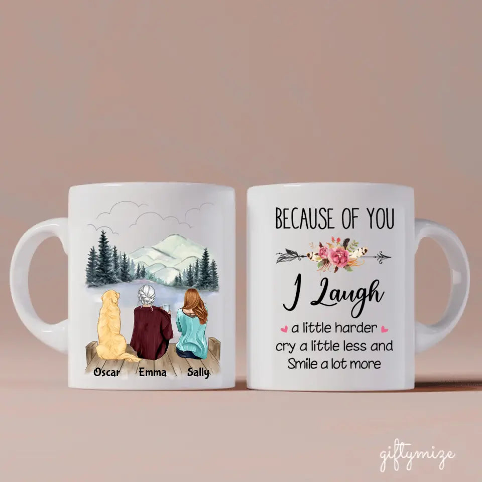 Mother and Daughter with Dog Personalized Mug - Name, skin, hair, clothes, dog, background, quote can be customized