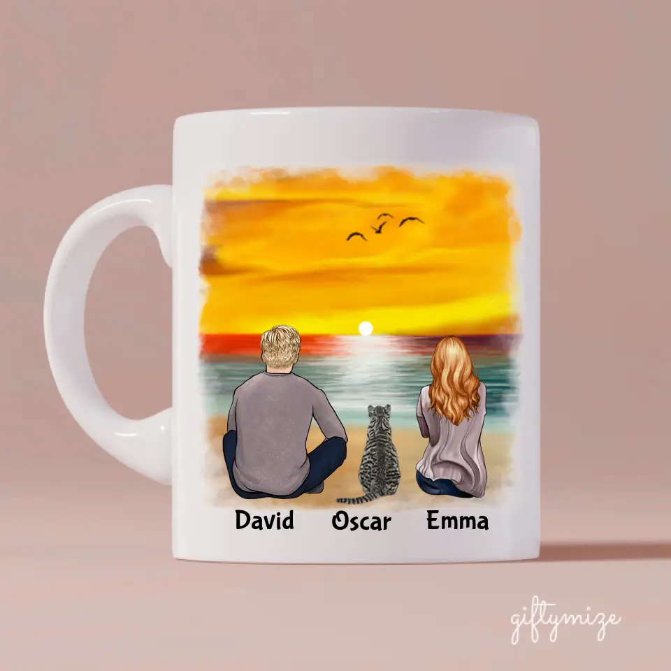 Couple & Cats on the Beach Personalized Mug - Name, skin, hair, cat, background, quote can be customized