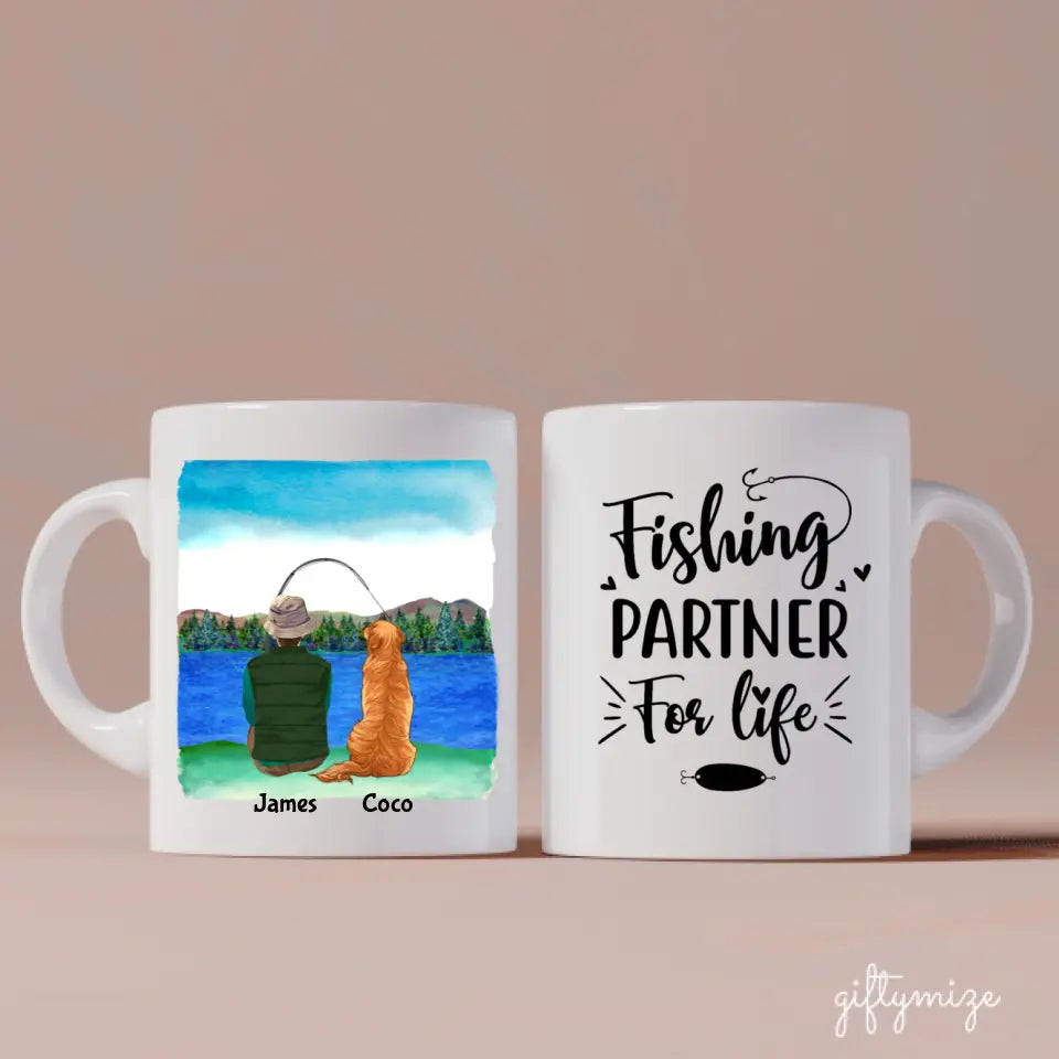 Fishing Man and Dog Personalized Mug - Name, skin, hair, dog, background, quote can be customized