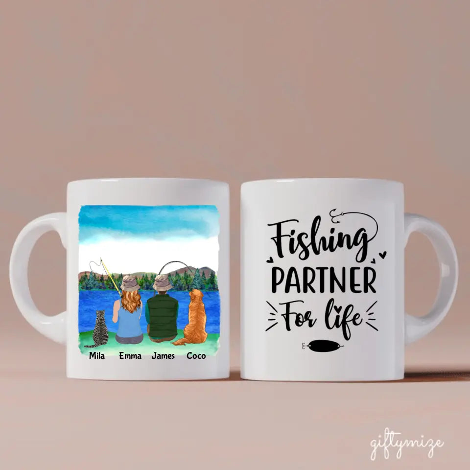 Fishing Couple with Cat and Dog Personalized Mug - Name, skin, hair, dog, cat, background, quote can be customized