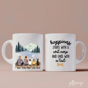 Parents and Little Kids with Dog Personalized Mug - Name, skin, hair, clothes, dog, background, quote can be customized