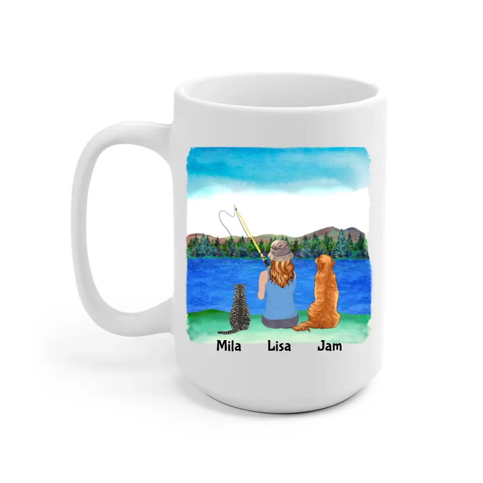 Fishing Woman with Cat and Dog Personalized Mug - Name, skin, hair, cat, dog, background, quote can be customized