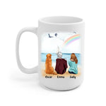 Mom and Daughter with Dog Squad Personalized Mug - Name, skin, hair, clothes, dog, background, quote can be customized