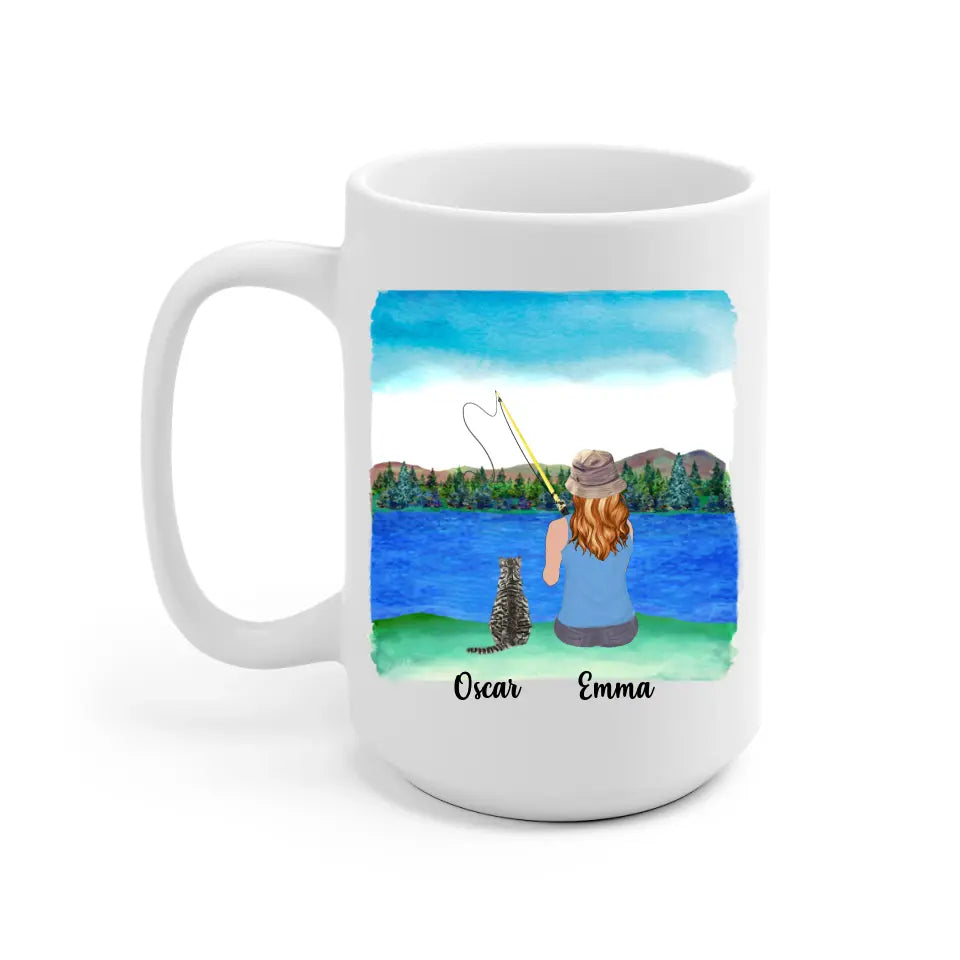Fishing Woman and Cat Personalized Mug - Name, skin, hair, cat, background, quote can be customized