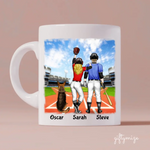 Baseball Couples with Dog Personalized Mug - Name, skin, clothes, hair, dog, background, and quote can be customized