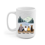 Father and Little Kids with Dog Personalized Mug - Name, skin, hair, clothes, dog, background, quote can be customized